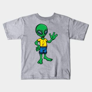 Cute Green Cartoon Alien wearing Clothes Kids T-Shirt